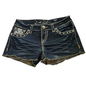 LA Idol Dark Wash Raw Hem Mid Rise  Denim Shorts Bling Rhinestone Cross Size M
